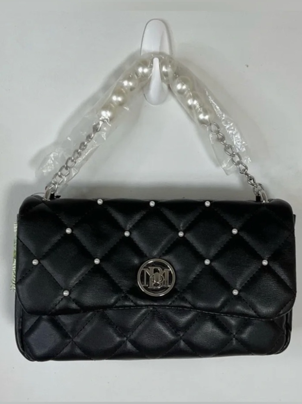 NWT Badgley Mischka Black Quilted Pearl Stud Chain Shoulder Bag